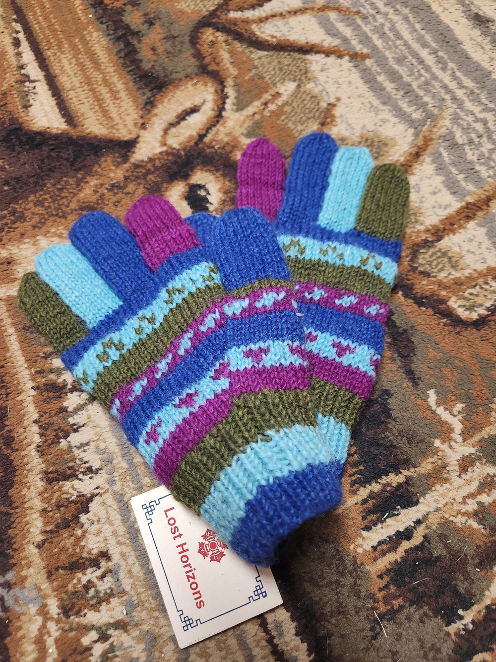 NWT Lost Horizons Hand-Knit Wool Gloves STI KINE BLU Multi Color Nepal Fair